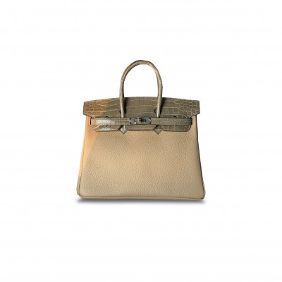 HERMÈS MASTER BIRKIN 25 CROCODILE AND TOGO LEATHER TURTLEDOVE GRAY SILVER BUCKLE H076216CK25 (25*20*13cm)